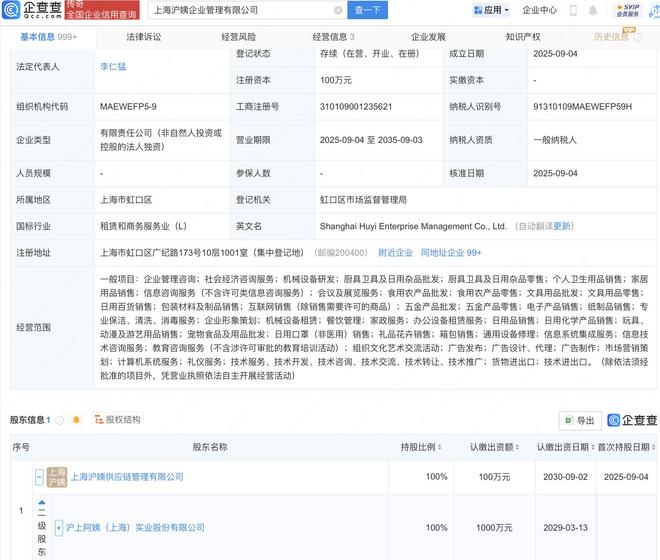 沪上阿姨战略布局再升级 新设沪姨企业管理公司，聚焦厨具卫具及日用杂品批发